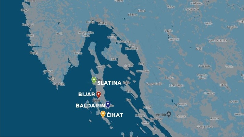 Mapa z zaznaczonymi miejscami Slatina, Bijar, Baldarin i Čikat na wyspach Cres i Lošinj